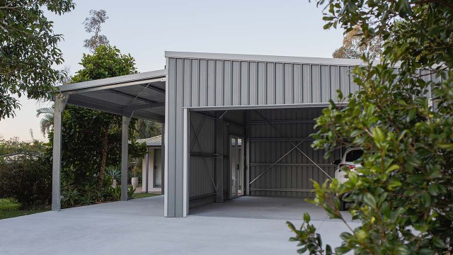 Double garage with double roller door open