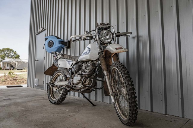 dirt bike against colorbond shed