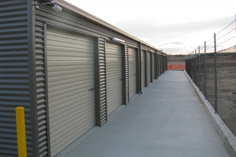 Commercial storage shed with horizontal Corodek cladding